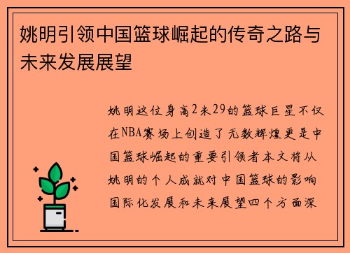 姚明引领中国篮球崛起的传奇之路与未来发展展望